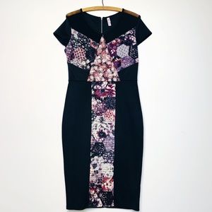 Black Short Sleeve Body-Con Patterned Floral Dress